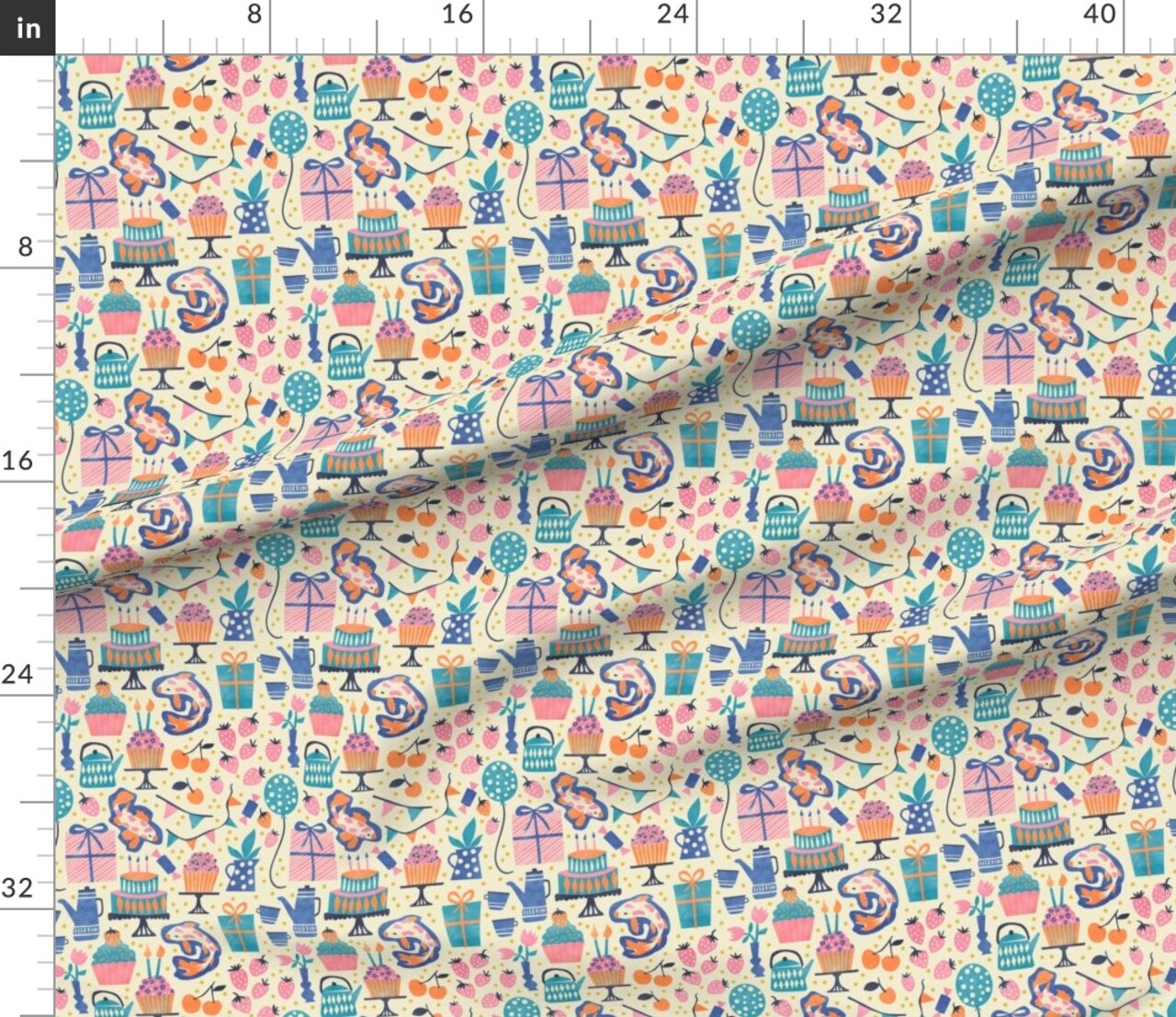 Party Pink Cupcake Birthday Balloon Pastel Candles Strawberry Cake Carp Surprise Koi Custom Printed Fabric by Spoonflower Various Fabrics by the Yard or Fat Quarter